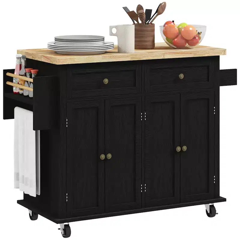 Kitchen Island on Wheels, Rolling Cart with Rubber Wood Top, Spice Rack, Towel Rack & Drawers for Dining Room