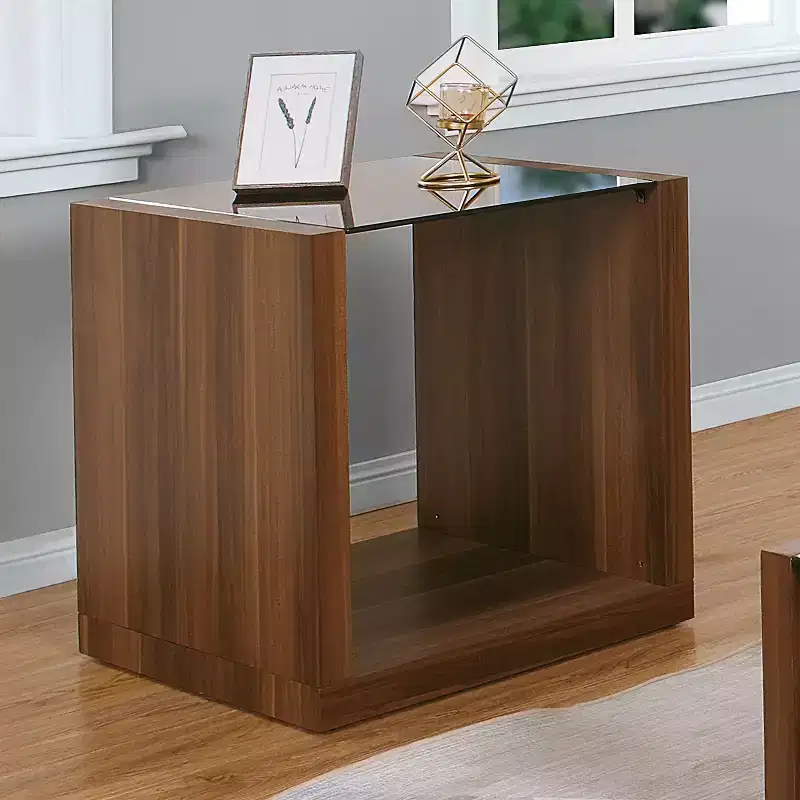 Tempered Glass Insert End Table Dark Walnut with Open Shelf and Gold Highlights