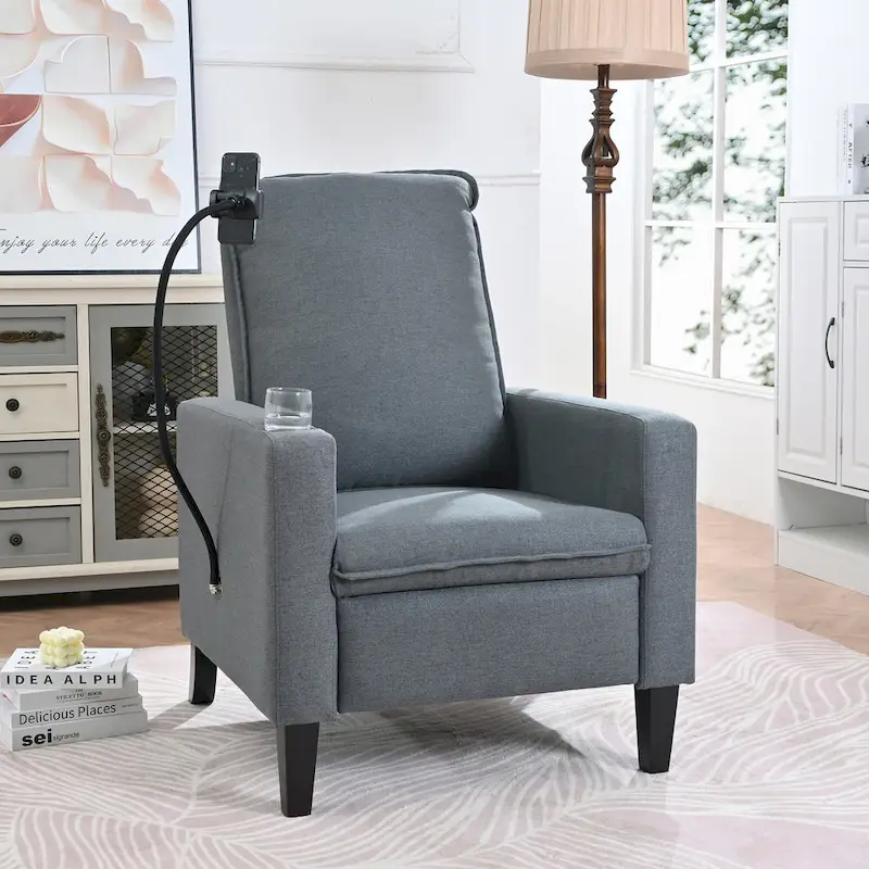 Modern Fabric Manual Recliner with Phone Holder, Cup Holder, Footrest