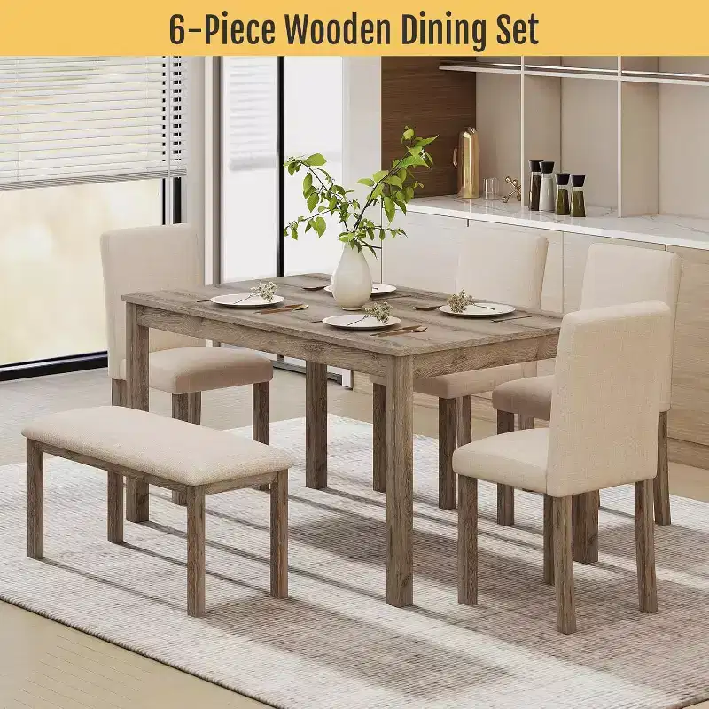 Zevemomo 6-Piece Solid Wood Dining Set with 1 Table,4 Upholstered Chairs&1 Bench,Wooden Legs Dining Table Set for Dining Room Kitchen Restaurant,Brown