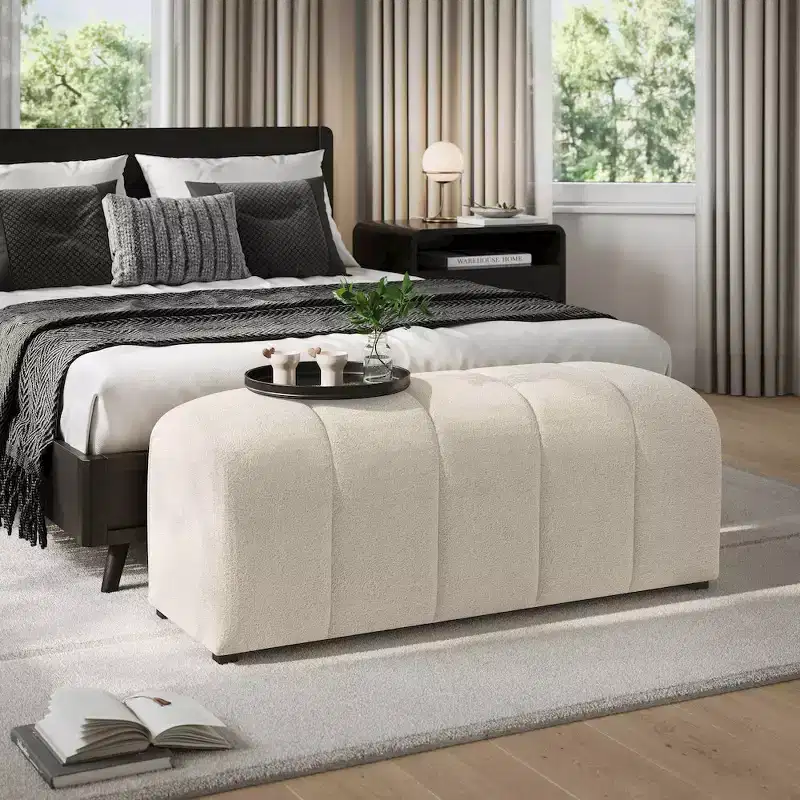 Jofran,Tess Contemporary Modern Ivory Boucle Upholstered Plush Bench