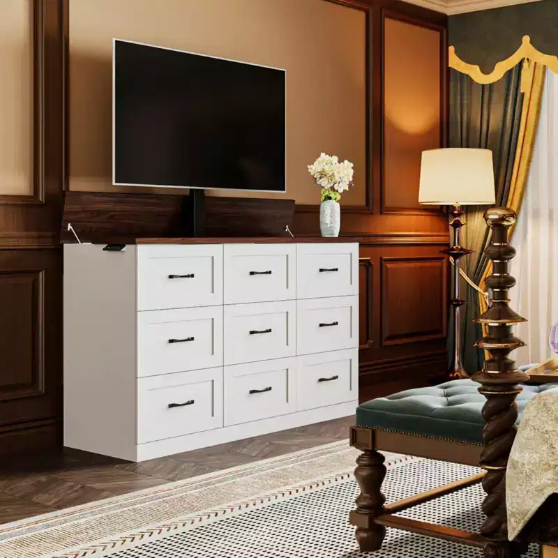 9-Drawer Electric Gaming Cabinet, Height-Adjustable TV Stand Entertainment Center with 2 Power Outlets & Split Desktop TV Storage Unit