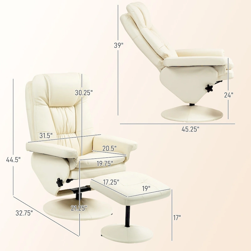 Adjustable PU Leather Lounge Chair Swivel Recliner Chair Padded High Back Armchair with Ottoman and Wood Base