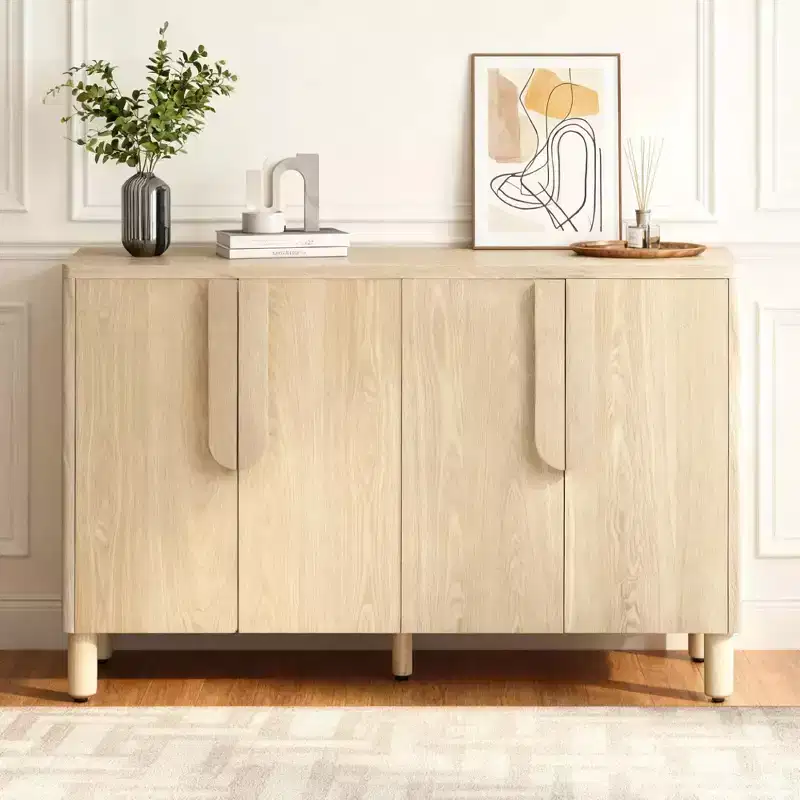 4-Door Sideboard Cabinet with Storage, Unique Arc Handles and Adjustable Shelves for Dining and Living Room, Natural