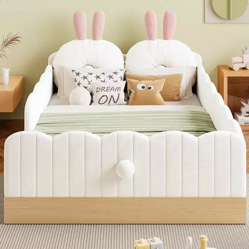 Twin Size Montessori Floor Bed with Upholstered Pillows, Safety Fence Guardrails, Floor Platform Bed with Cute Rabbit Ear Shaped Pillows