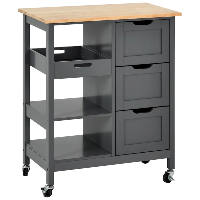Rolling Kitchen Bar Trolley Serving Cart on Wheels with Wood Top