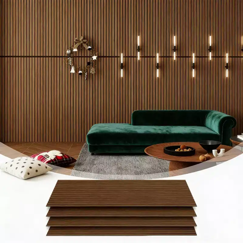 Dyonery Wood Slat Wall Panels - 4 Pack, 47.2422.63 3D Fluted Acoustic Panels, Soundproof Wall Decor for Home & Office, Dark Walnut