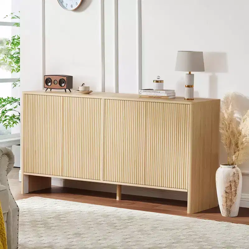58In Sideboard Buffet Cabinet, Modern Fluted Storage Cabinet with 4 Doors & Adjustable Shelves, Wood Credenza Console