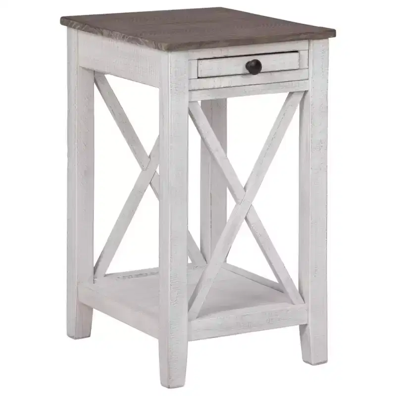 Adalane Side Table White/Gray: Vintage Crossbuck Design, USB Ports, Storage - Signature Design by Ashley