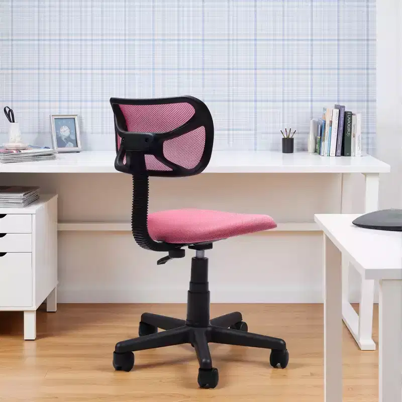 FurnituureR Desk Chair Low-Back, Mesh Study Task Chair Armless Ergonomic Swivel Adjustable Rolling Seating for Home Office Bedroom Study, Pink