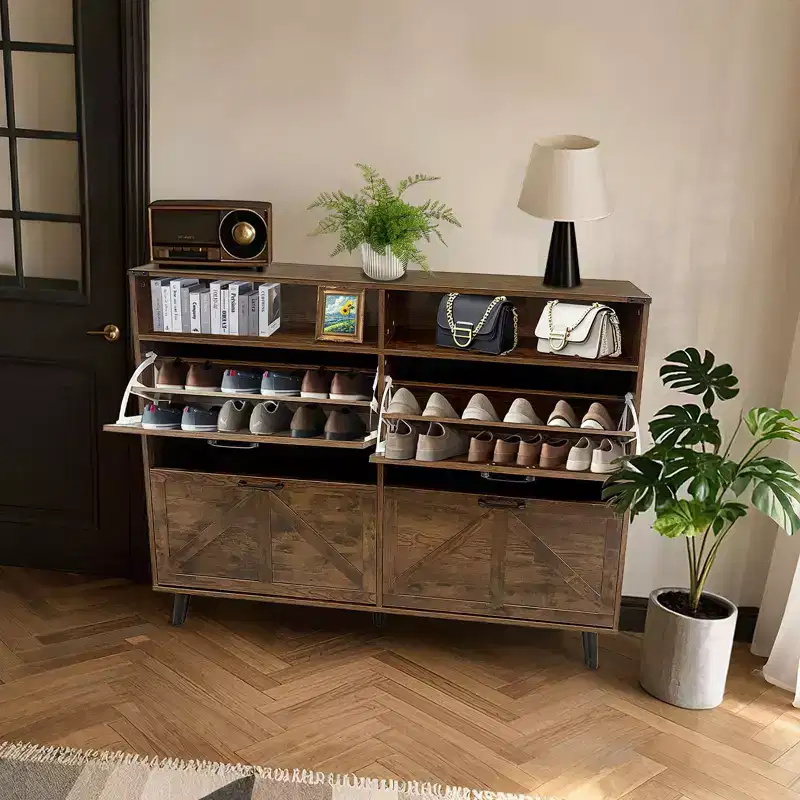 Shoe Storage Cabinet, Farmhouse Shoe Organizer with 4 Flip Drawers and Barn Door Design