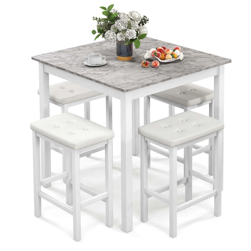 Costway 5 PCS Bar Table Set Square Dining Table & 4 PVC Leather