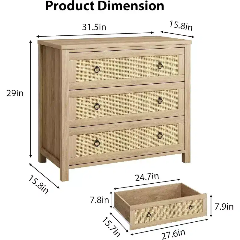 Acekool Drawer Rattan Dresser, Wide Boho Storage Chest with Deep Drawers & Ring Handles for Bedroom, Nursery, Living Room - Natural