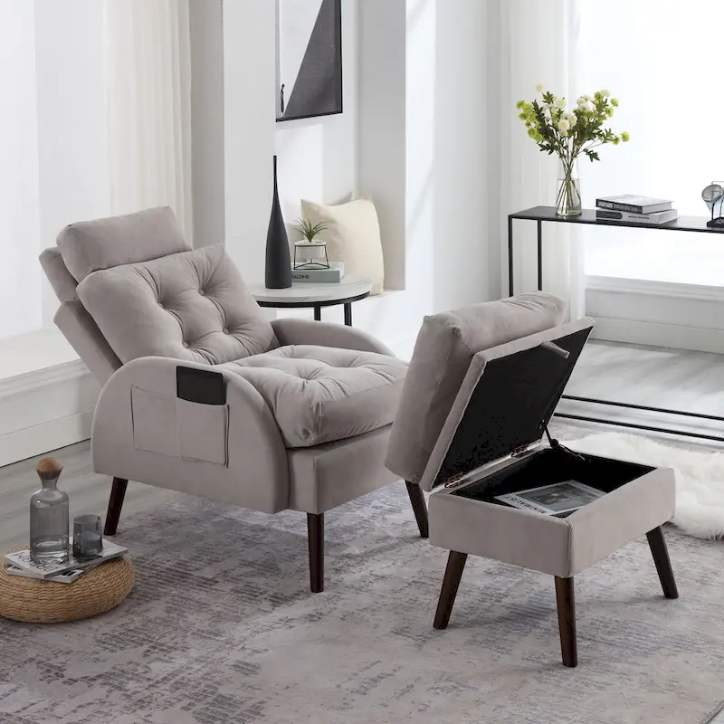 HOMYKA Upholstered Chaise Lounge Chair with Adjustable Backrest Storage Ottoman