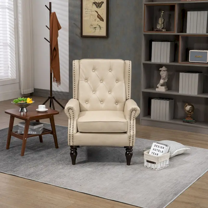 Upholstered PU Leather Accent Chair,Mid Century Button Tufted High Back Arm Chair with Armrest and Solid Wood Legs