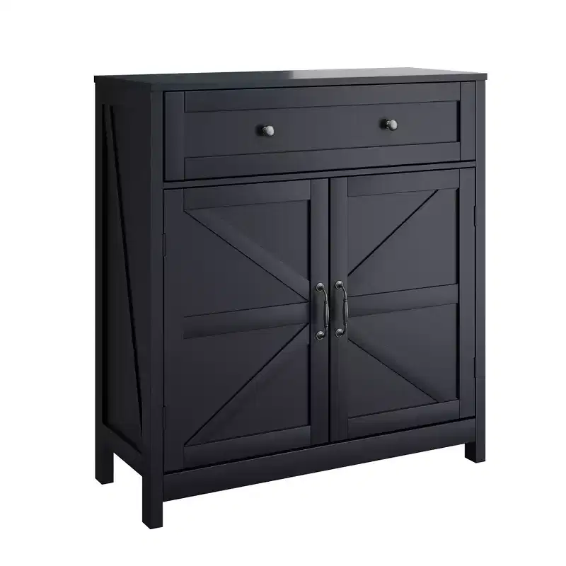 CLIHOME Farmhouse Storage Cabinet with Adjustable Shelf, White Kitchen Cabinet with Walnut Countertop, Modern Coffee Bar Console Cabinet