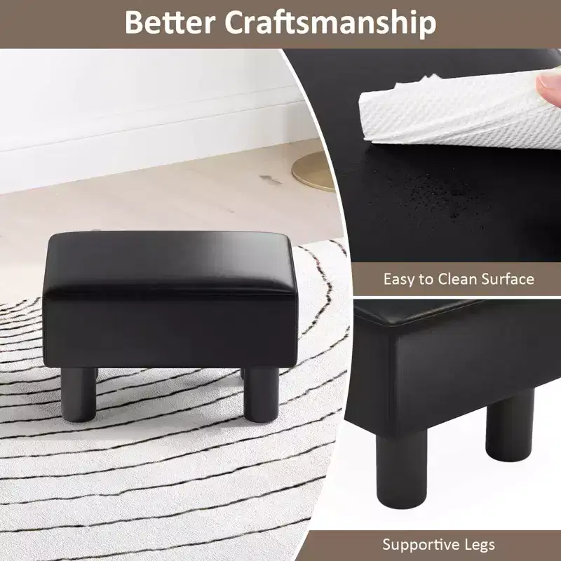 PU Leather Ottoman Rectangular Footrest, Small Stool with Padded Seat, White/Black/Red
