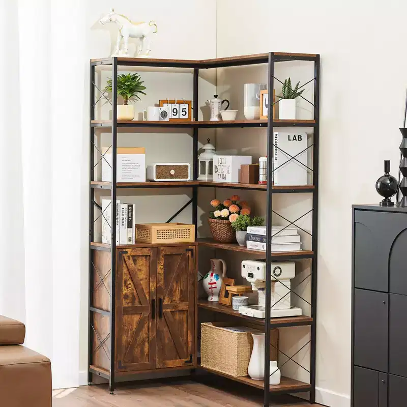 6 Tier Corner Bookshelf, 70 Tall Corner Bookcase with Storage Cabinet, 2 Barn Doors & 10 Storage Shelves, Brown