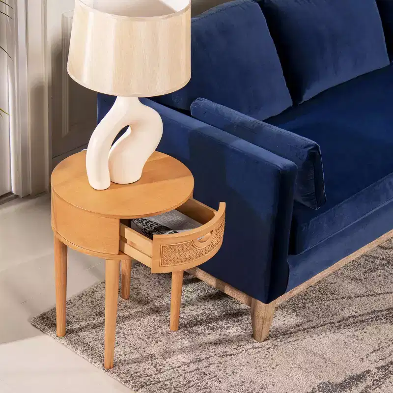 Rossville 18 Round Rattan and Wood Drawer Side Table