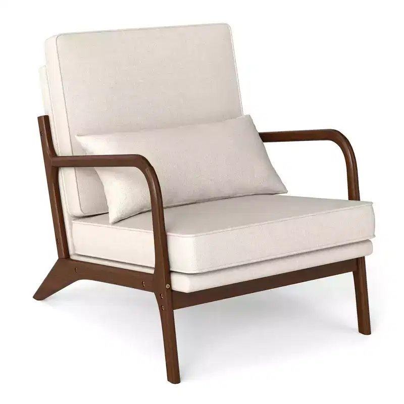 Modern Accent Chair, Upholstered Leisure Armchair with Rubber Wood Armrests & Legs