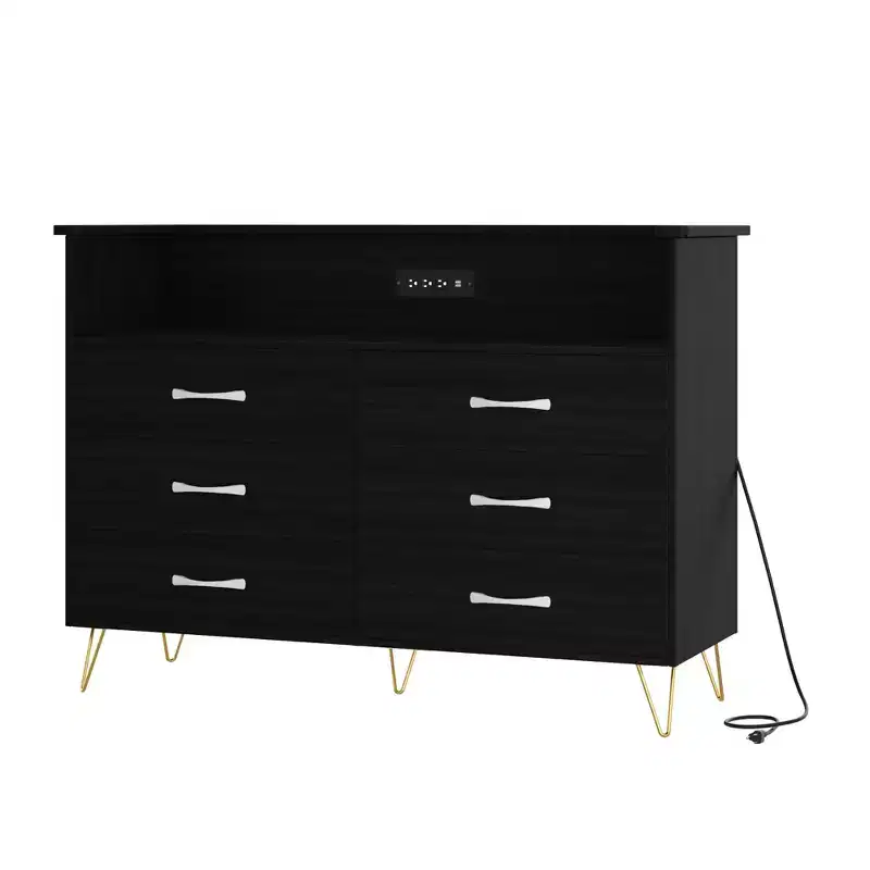 Modern 6 Drawer Dresser with LED Lights & Charging Station - 3 Outlets,2 USB Ports,Color Changing Lights,Open Shelves Stand wStylish Storage Dresser