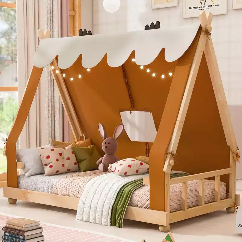 Okak Twin/Full House-Shaped Floor Canopy Beds with Tent & Light Decor,Platform Bed Frame for Kids,Teens,No Spring Box Needed