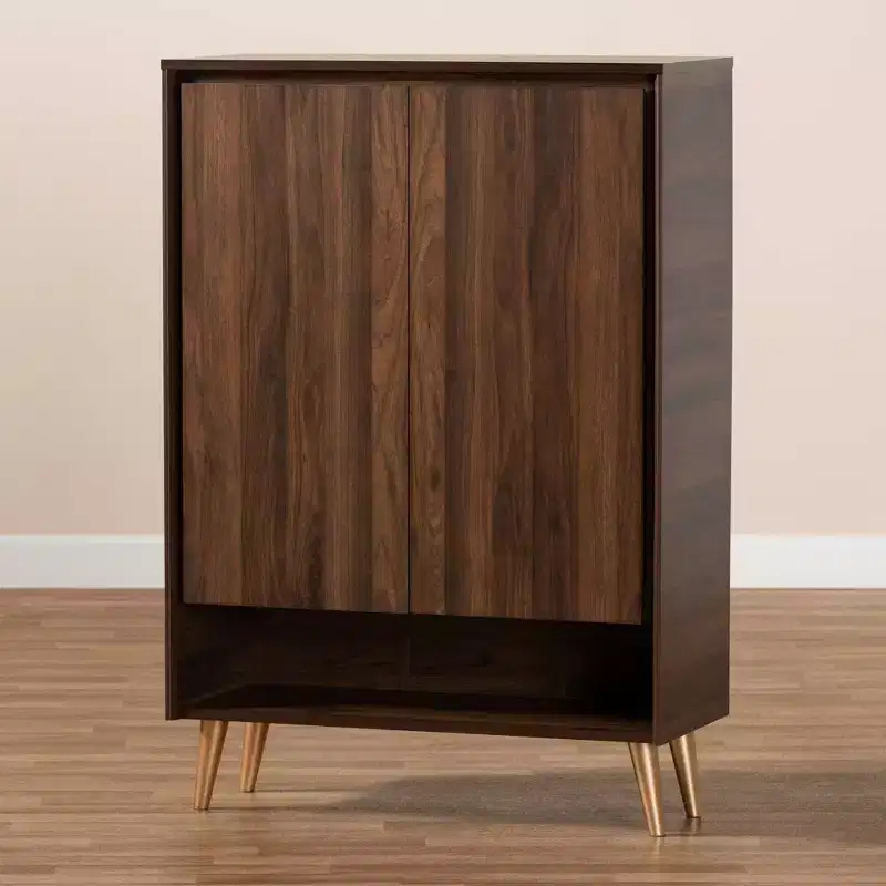 Mid-Century Modern 2-Door Shoe Storage Cabinet in Walnut Brown & Gold