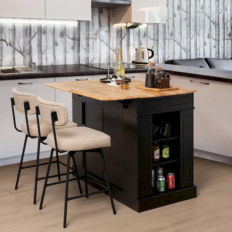 Gymax Large Kitchen Island Drop Leaf Breakfast Bar w/ Wood Top Shelves