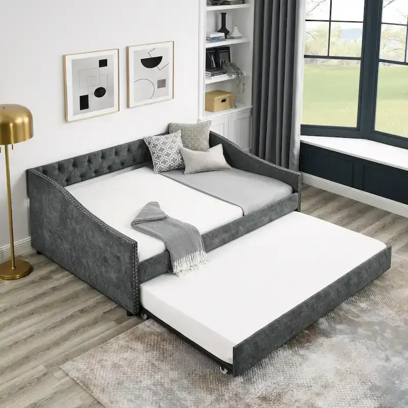 Upholstered Daybed Frame with Trundle & Tufted Backrest