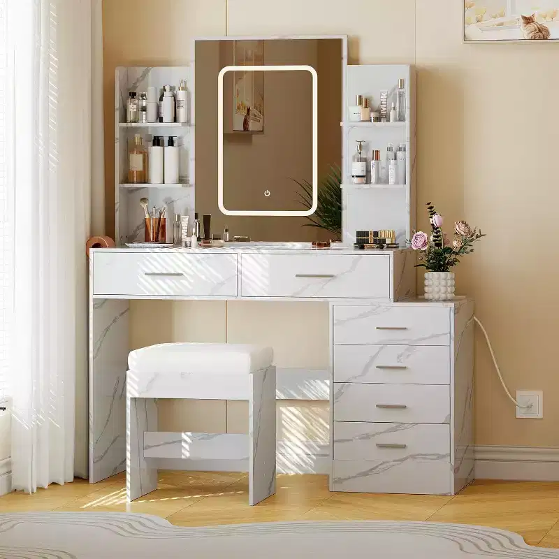 Vanity Desk Set with LED Mirror, Charging Ports, 6 Drawers, Shelves, Hairdryer Holder & Stool, Adjustable Lighting, White