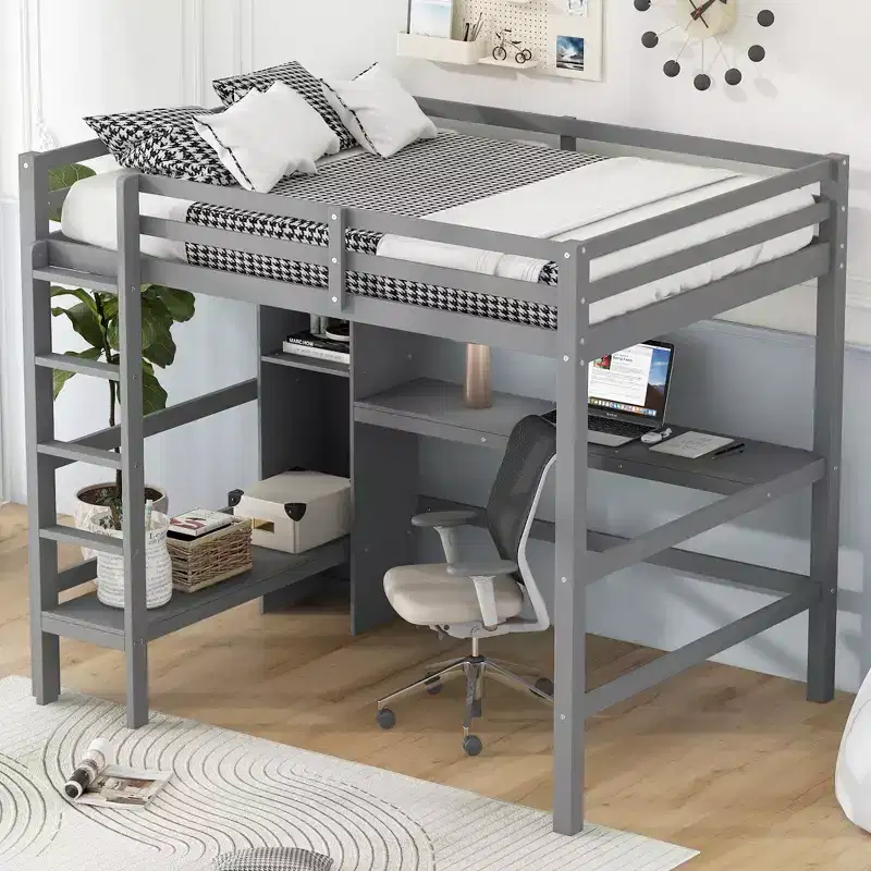 Whisen Full Size Loft Bed with Multifunction Shelves and Under-bed Desk