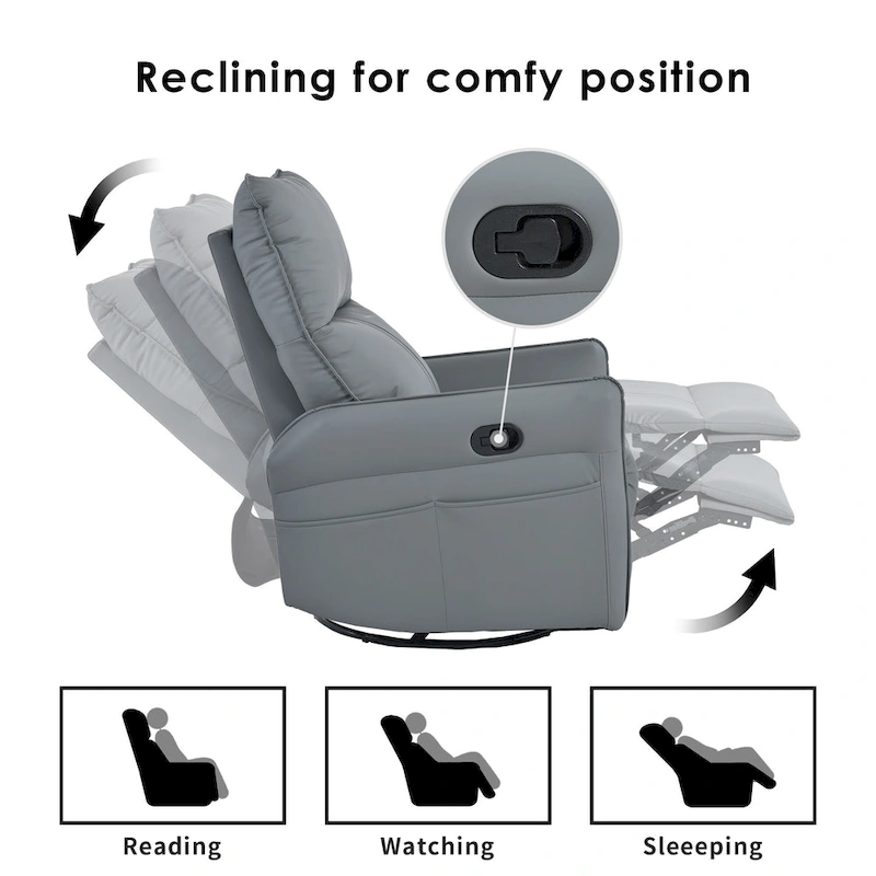 Blue-Gray PU Leather Swivel Glider Rocker Recliner with Pockets, Backrest
