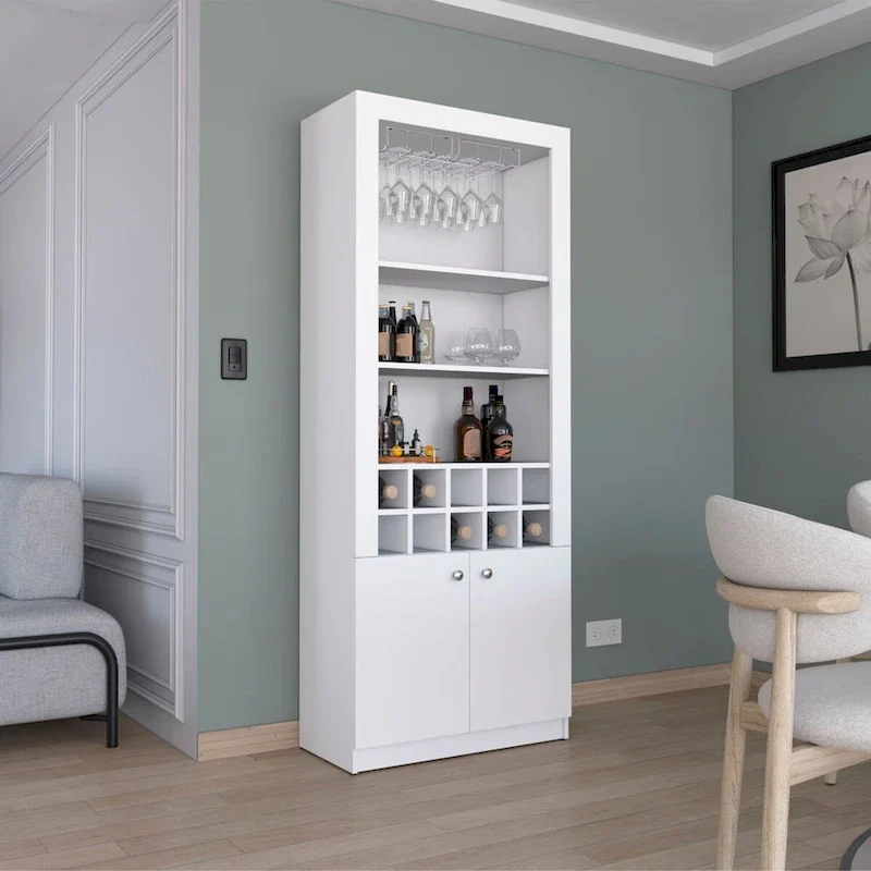 74Tall 4-Tier Modern Bar Cabinet with Glass Holder Stemware Rack,Wine Cabinet,Liquor Cabinet,10 Bottle Cubbies and 4 Shelves