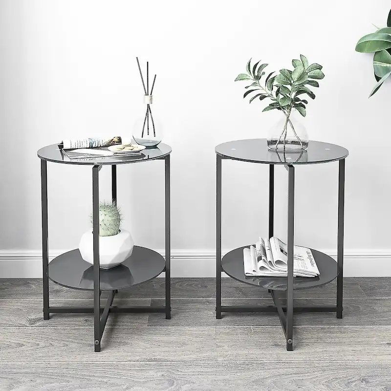 2-piece set,Tempered Glass End Table, Round Coffee Table for Bedroom Living Room Office