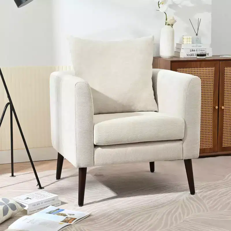 Fine Fabric Accent Chair Living Room Reading Chair with Soft Upholstered and Pillow Armchair Solid Wood Legs for Lounge Bedroom