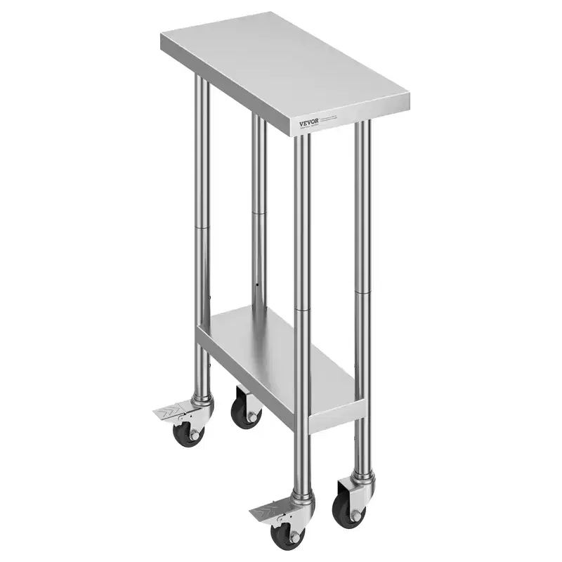 Stainless Steel Work Table 24 x 12 x 38 Inch, 500 LBS Capacity with 4 Wheels and 3 Adjustable Height Levels