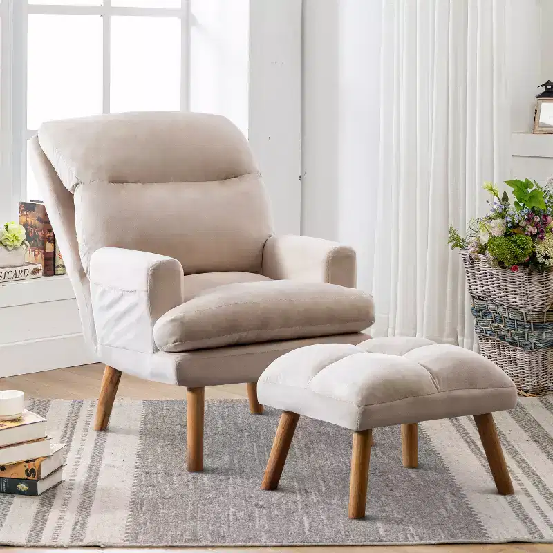 Accent Chair with Ottoman, Velvet Armchair with Adjustable Backrest and Side Pocket