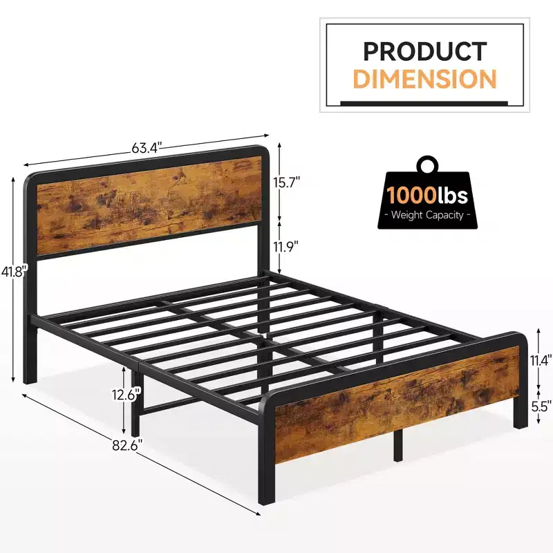 COZONY Queen Bed Frame with Wood Headboard, Platform Bed with Safe Rounded Corners & Metal Slats Support