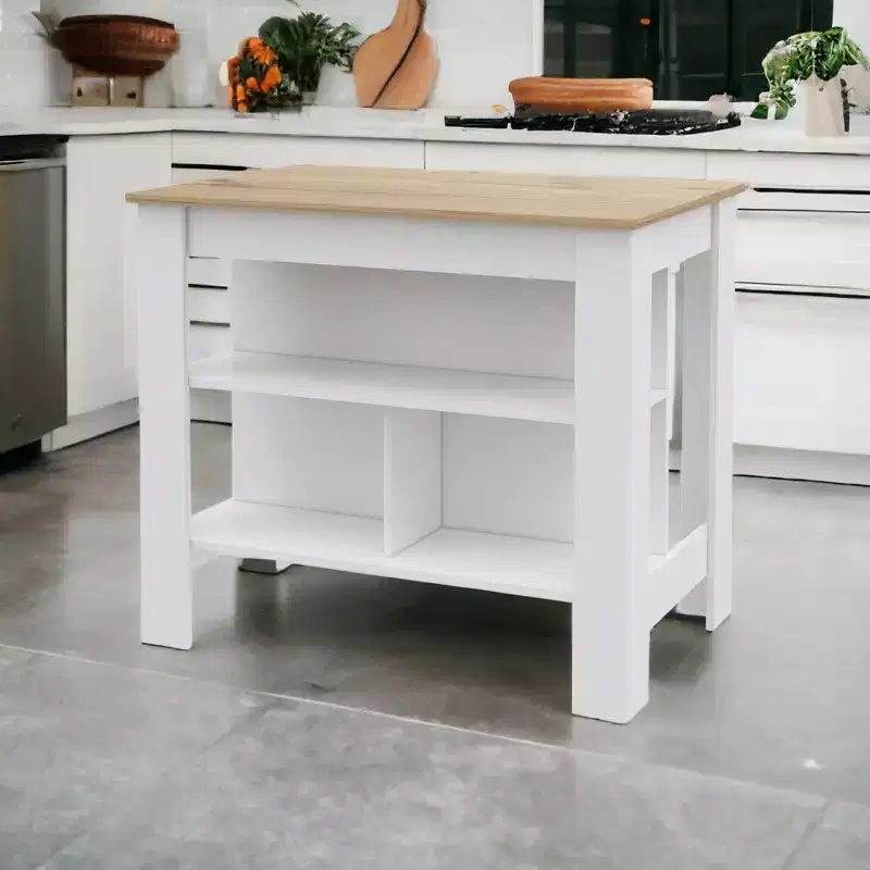 White and Oak 41-Inch Kitchen Island with Storage