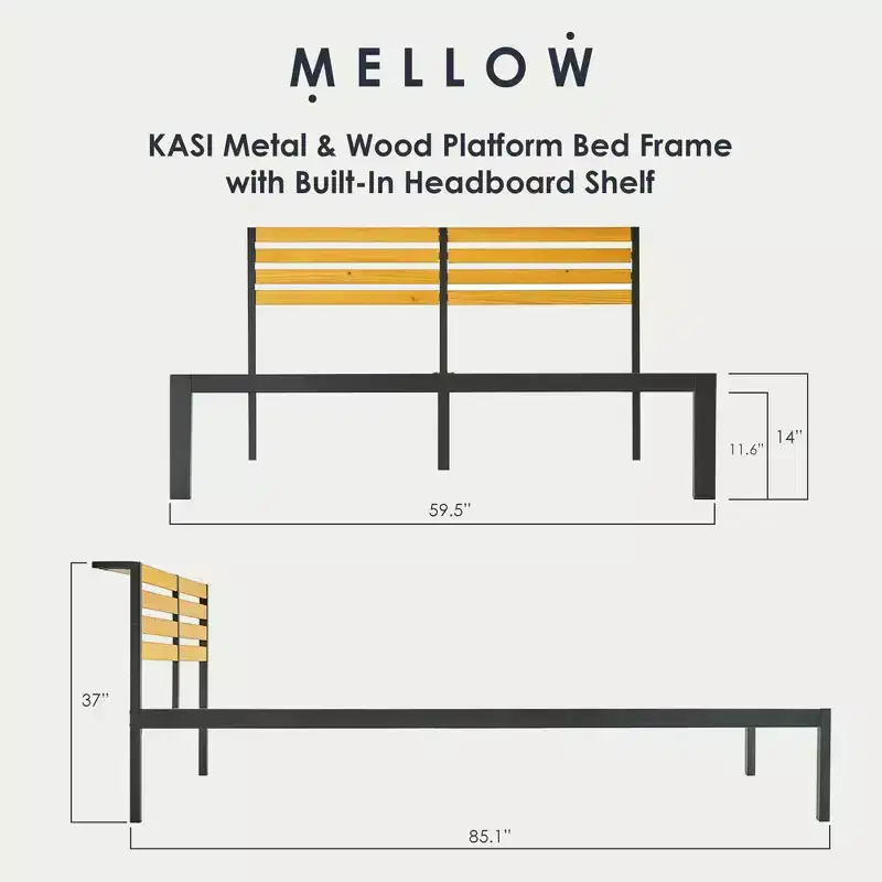 Mellow KASI Metal & Wood Platform Bed Frame with Built-In Headboard Shelf