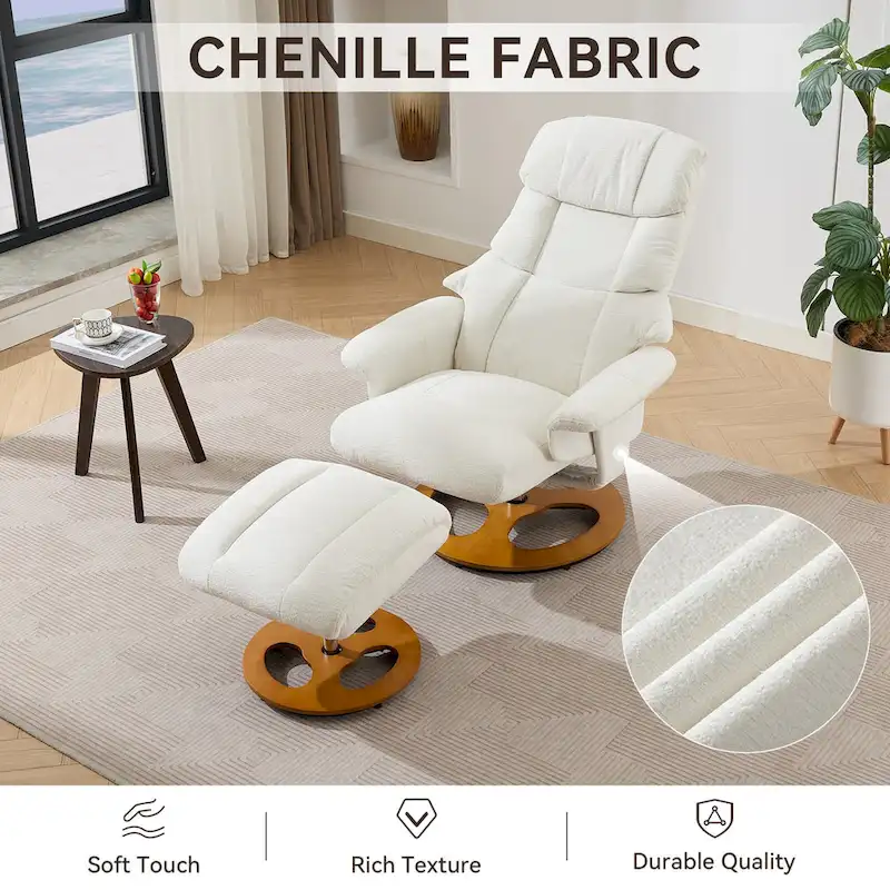 Heated Massage Armchair Chenille Fabric Seating Swivel Recliner Chair with Ottoman, Adjustable Backrest and Remote