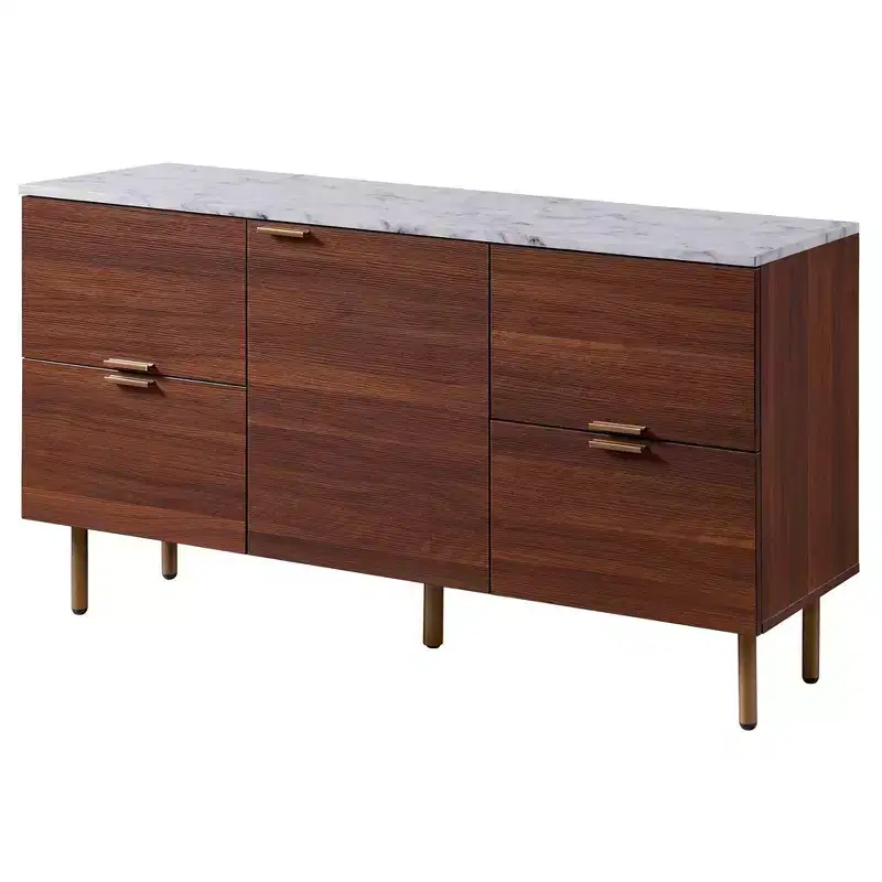 Ashton Sideboard with Faux Marble Top Walnut - Teamson Home: Mid-Century Storage, Brass Legs, Metal Handles