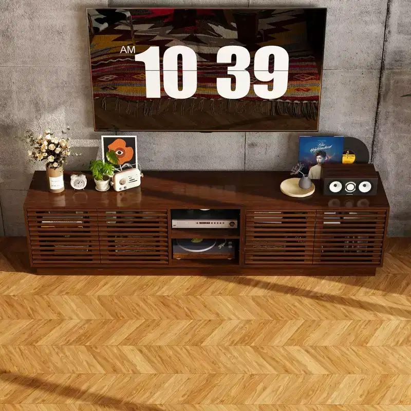 Rustic Brown Slatted-Door TV Stand Entertainment Center with Ample Storage