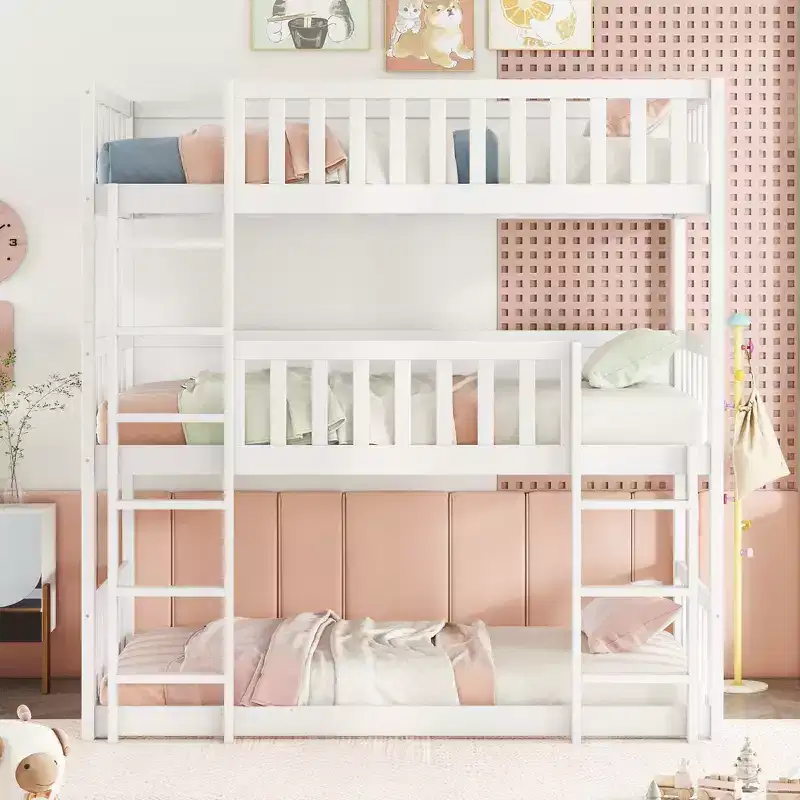 Twin Size Triple Rubber Wood Bunk Bed with Ladders & Guardrails, Detachable, White
