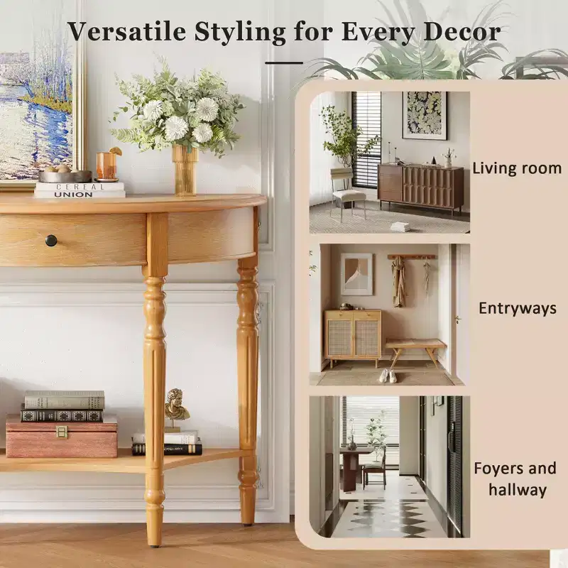 Polibi Farmhouse Crescent Entry Console with Drawer & Shelf