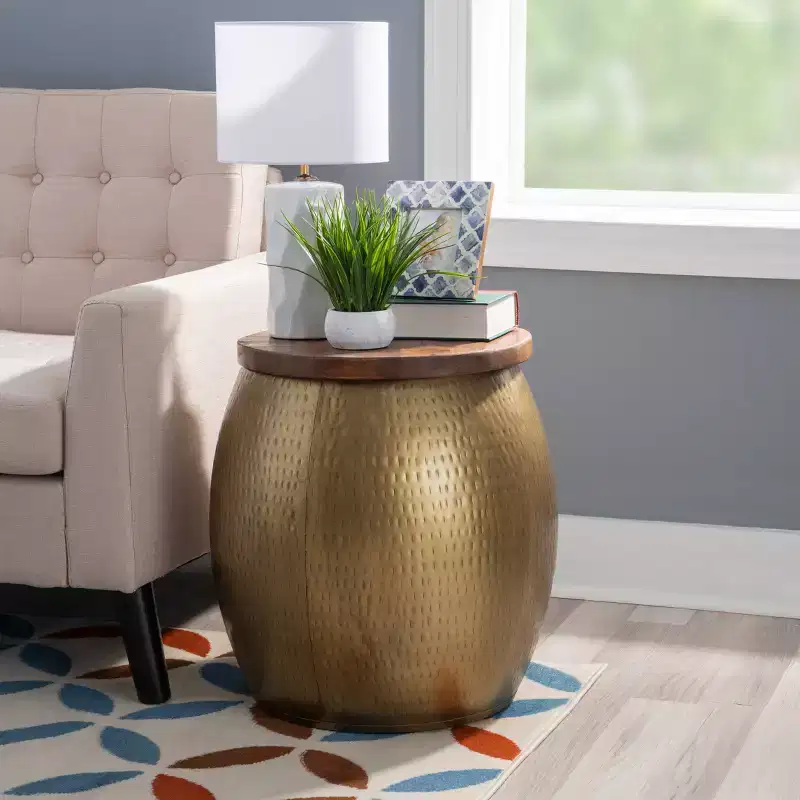 Round Drum Side Table with Hidden Storage Compartment for Living Room and Bedroom