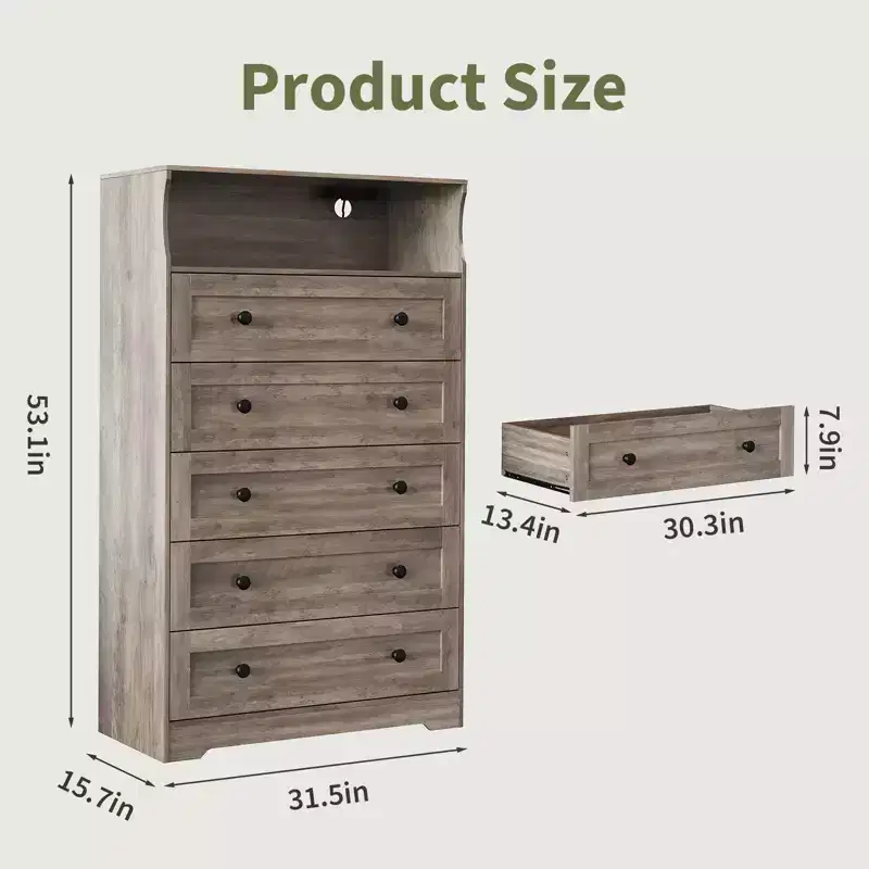 53 Tall 5 Drawer Dresser for Bedroom, Wooden Chest of Drawers with Charging Station, Narrow Nightstand, Living Room Clothing Storage Organizer