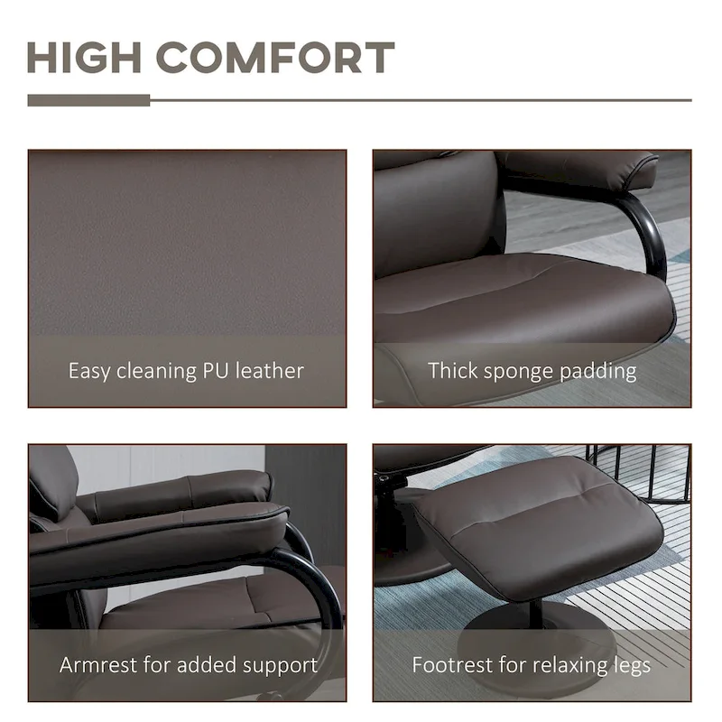 HOMCOM Recliner Chair with Ottoman, Swivel PU Leather High Back Armchair w/ Footrest Stool, 135 Adjustable Backrest