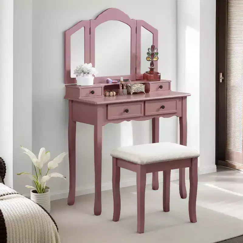Vintage Wooden Vanity with Stool, 3-Piece Mirror & 4 Drawers