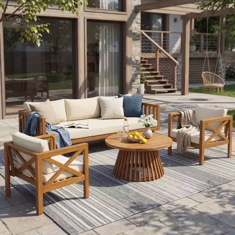Christopher Knight Home Claremont Patio Modern Acacia Wood 4-Piece Conversation Set Cushions